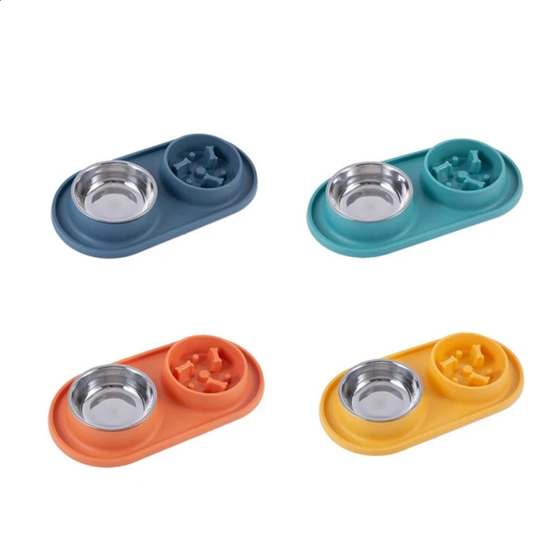 Dog Cat Double Bowl Pet Food Feeder Water Drinking Dispenser With Silicone Pad Stainless Steel Anti Clogging And Slip Basin