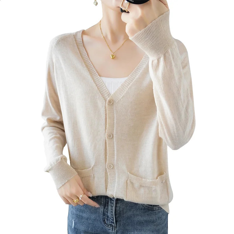 Fashion Casual Wool womens cardigan Sweater Women VNeck Solid Color Long Sleeve 240722