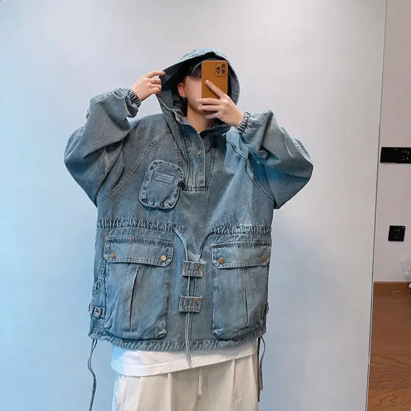 Spring Retro Workwear Tooling Hooded Denim Jackets Fashion Causal Loose High Street Hoodies Jacket Men Top Male Clothes 240722