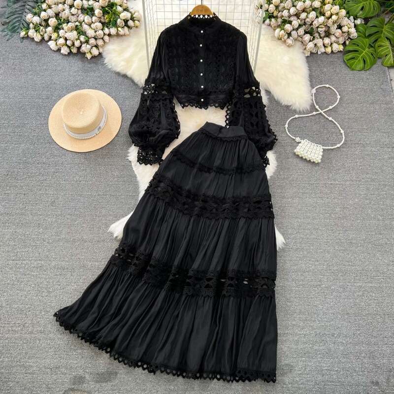 Fashion Womens Palace Style Lantern Standing Neck Hollow Lace Top Two Piece Set High Waist Skirt Chiffon Floral Dress Temperament Loose Novelty BOHO D