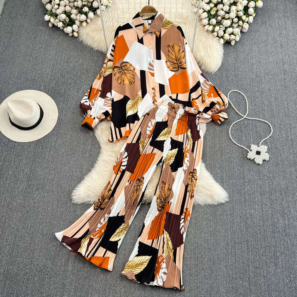 Fashionable Set Socialite Temperament Bat Sleeve Loose Printed Shirt, Two High Waisted Pleated Wide Leg Pants Novelty Sexy Denim Dress Oversize Dress