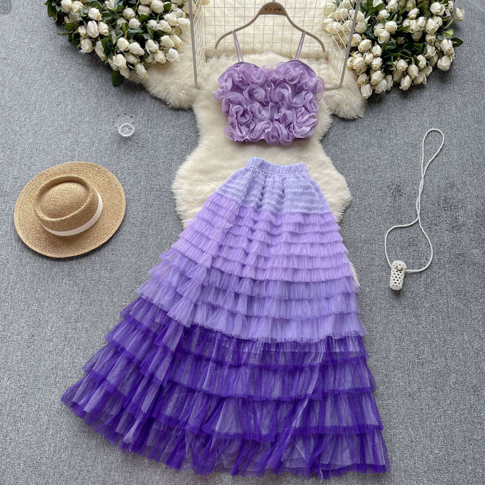 High End Suit for Women with Three-dimensional Flower Suspender, Small Vest, Fairy Mesh Half Length Skirt, Two-piece Set Sexy SKINNY DRESS High Waist 