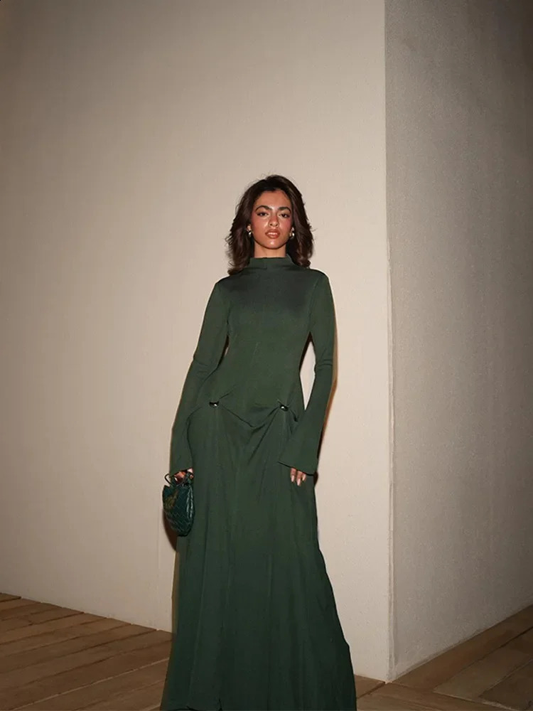 Irregular Pleated Solid Slim Maxi Dress Women Elegant Half High Collar Long Sleeved long Dresses Female Party Evening Robes 240722