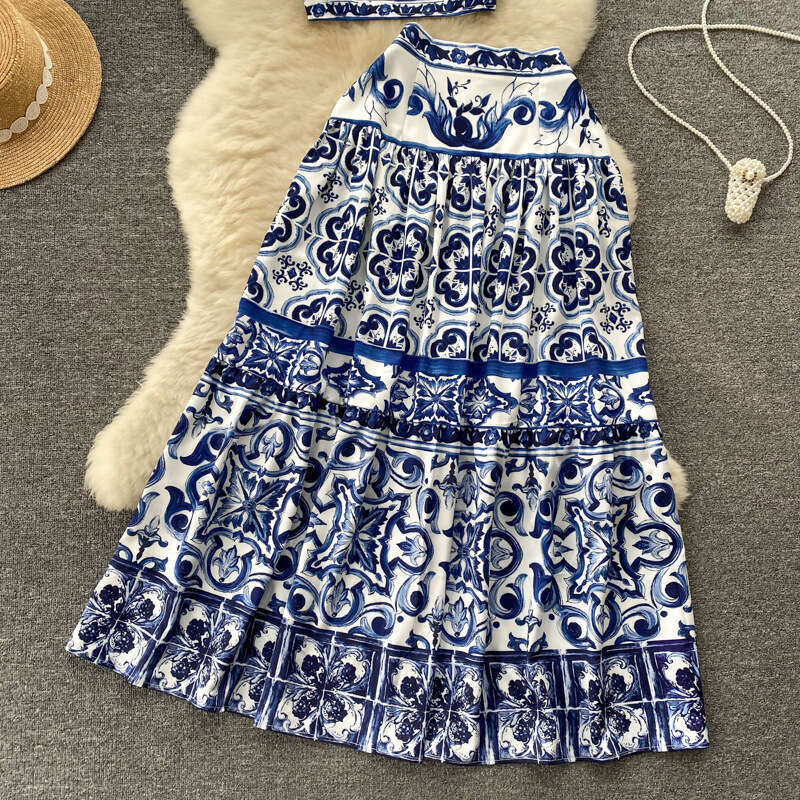 Wind Blue and White Porcelain Printing Set for Women in Summer, Pure Desire to Show Waist, Suspender Vest+high Waisted Mid Length Skirt BOHO DRESS