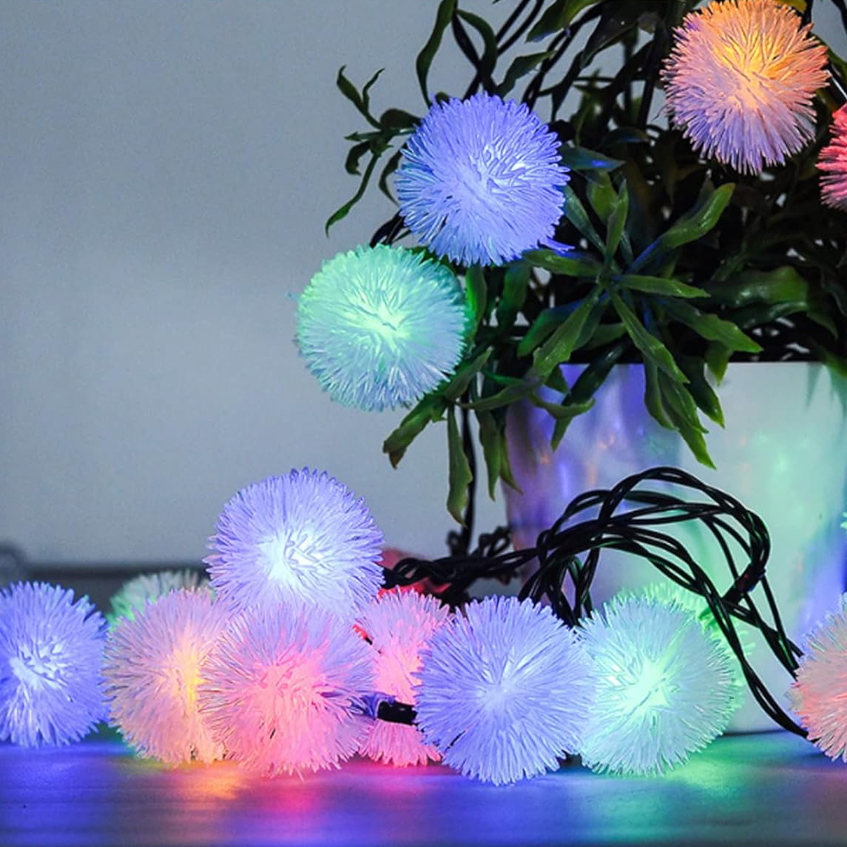 led solar fur ball light string holiday decoration indoor and outdoor balcony arrangement light string