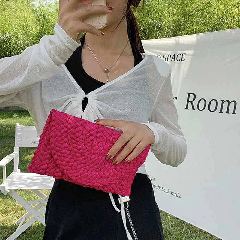 Corn Husk Weave Dinner Clutch Bag Womens Fashion Simple Solid Straw Large Purse Woman Summer Casual Vacation Ladies Wallet 240723