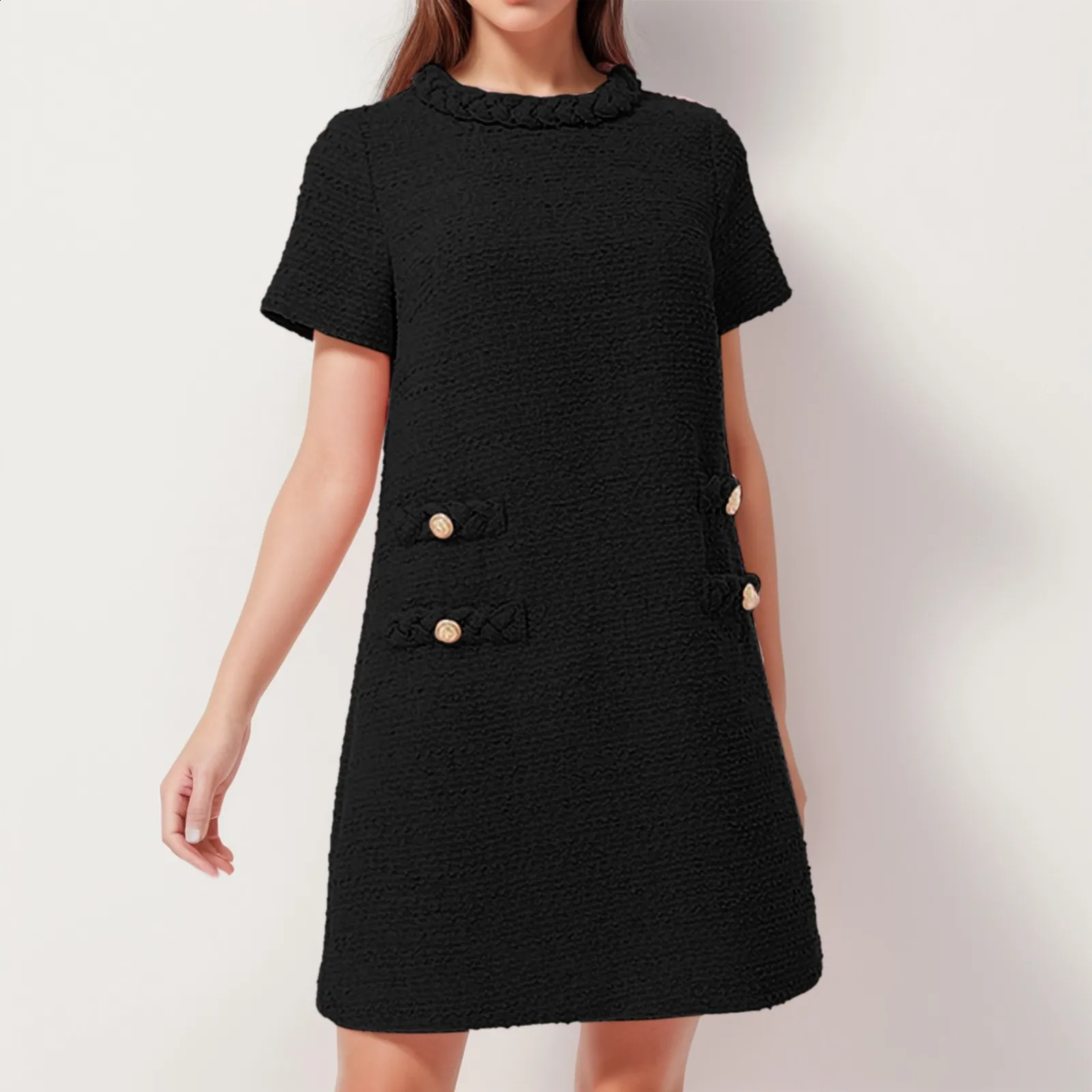 Women French Style Tweed A Line Dresses Temperament Solid Tight Pullovers Short Dress Summer Formal Dress Vintage Midi Dresses 240715