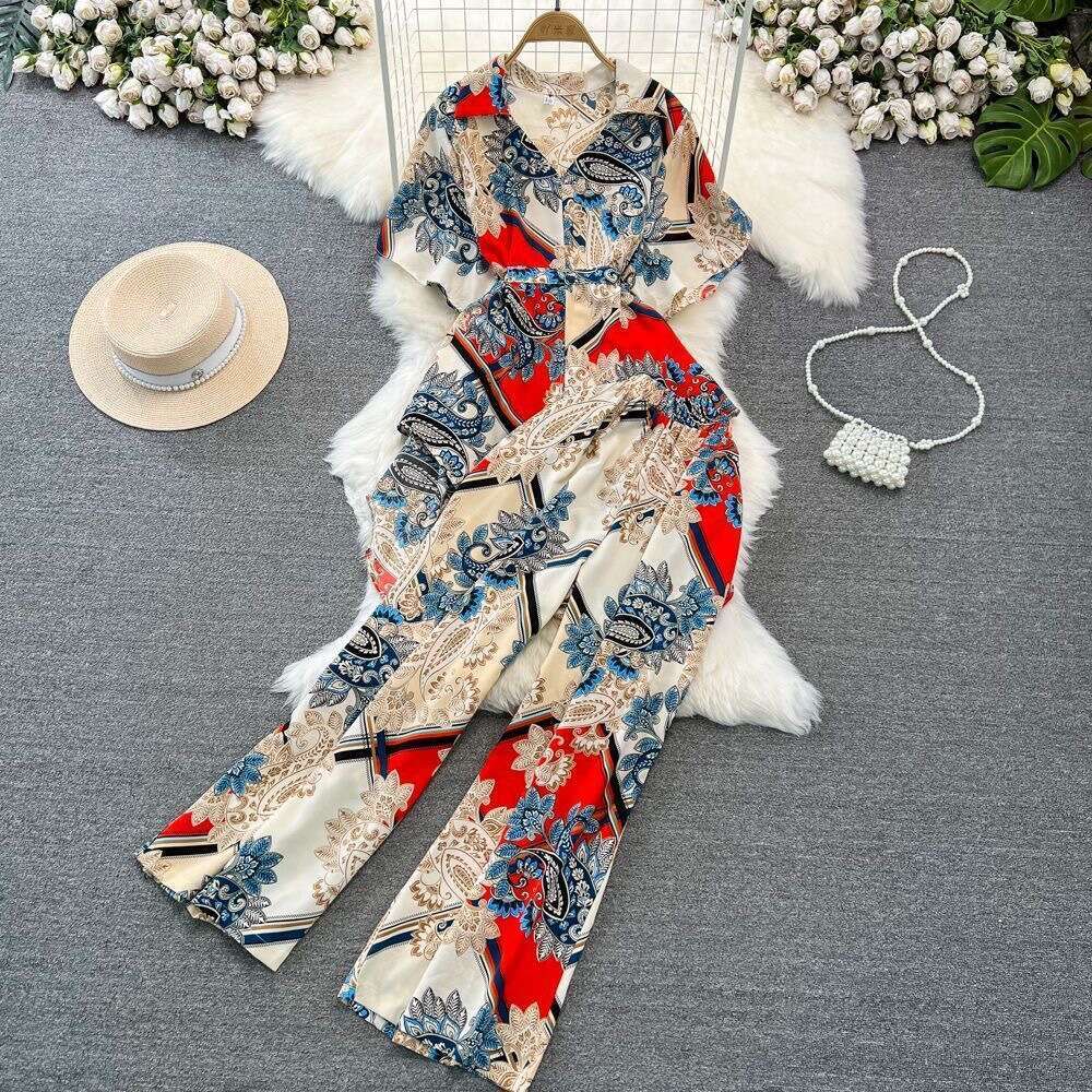 Short Sleeved Loose Single Breasted Tie Up Waist Cinching Printed Shirt Two-piece High Waisted Wide Leg Pants Fashion Set for Women Sexy Loose Denim D