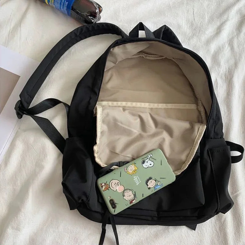 Backpacks Women Solid Black Large Capacity Backpack Trendy Ulzzang Harajuku Casual Zipper Waterproof Bag Students Japanese Style 240813