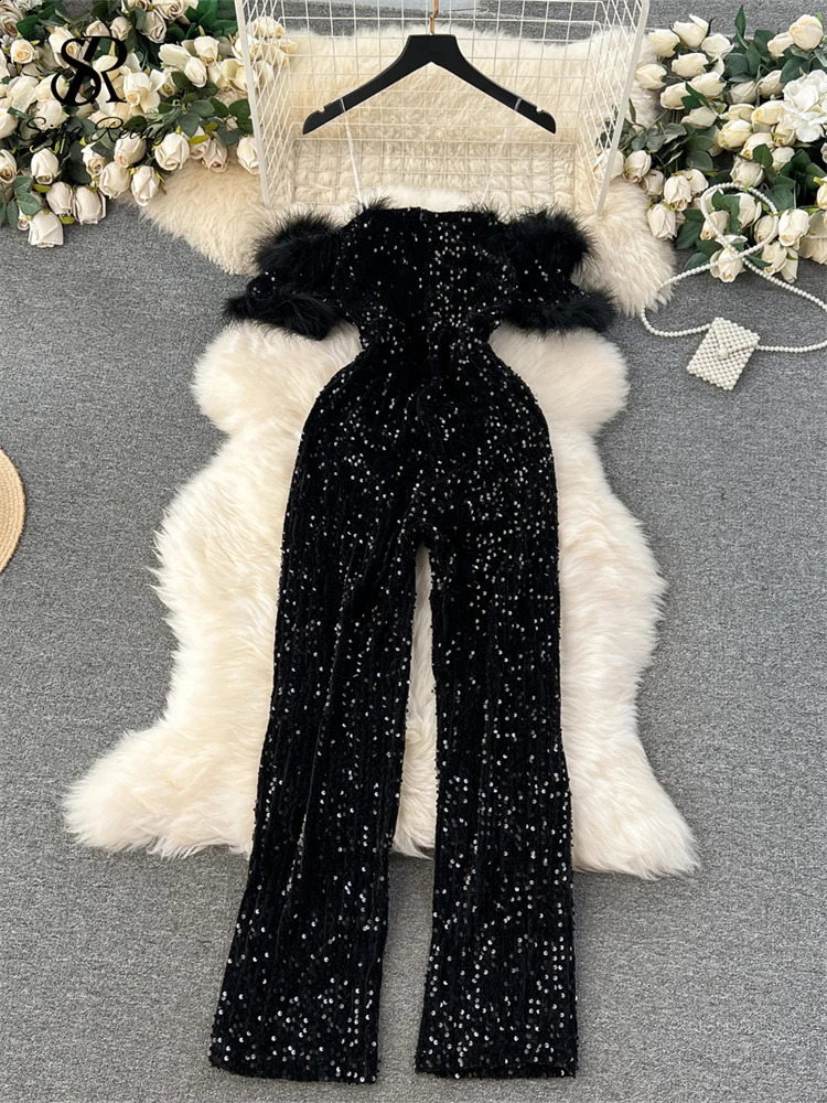 SINGREINY Autumn Elegant Sexy Black Jumpsuits Europen Fashion Off the Shoulder Feather Patchwork Sequins Slim Long Playsuit 240715