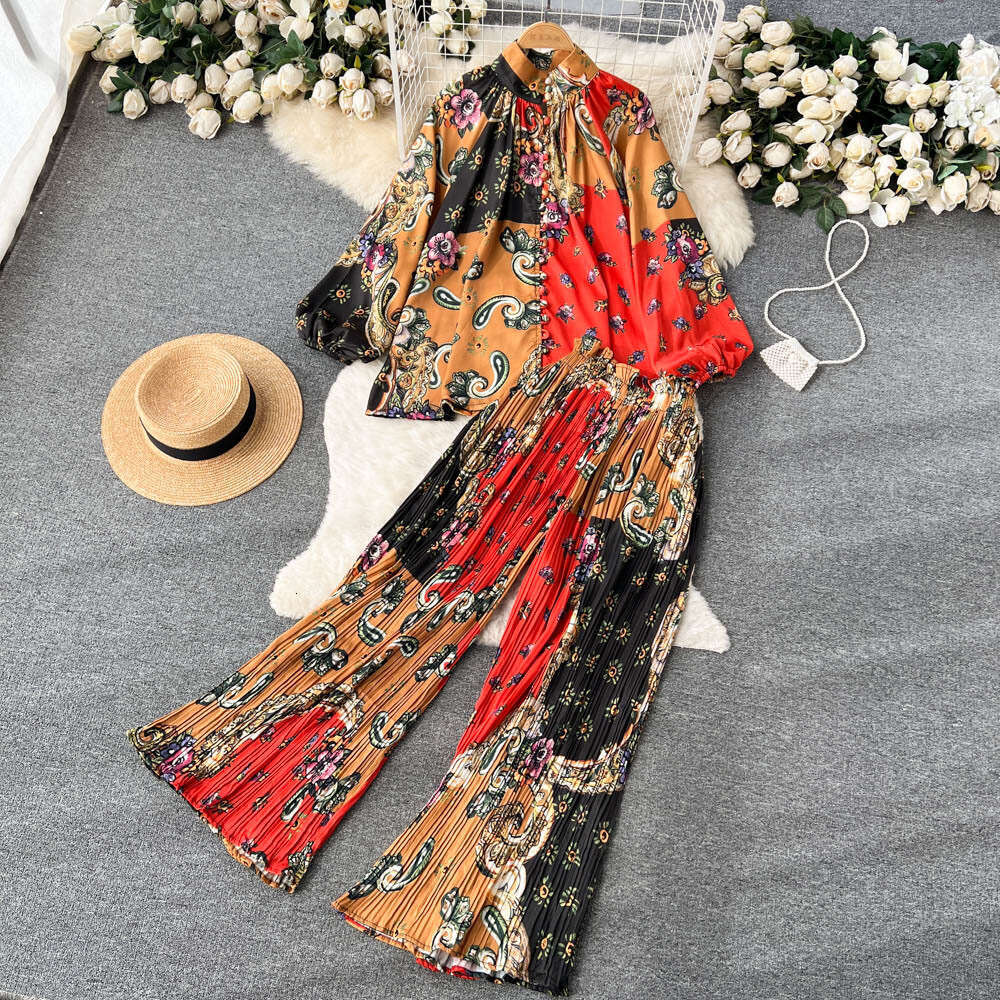 Spring and Autumn Style Printed Womens Lantern Sleeve Half High Collar Loose Shirt+wide Leg Pleated Pants Two-piece Set Bifurcated Pregnant Womens Dre