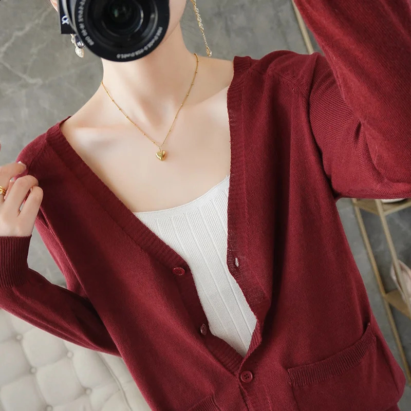 Fashion Casual Wool womens cardigan Sweater Women VNeck Solid Color Long Sleeve 240722
