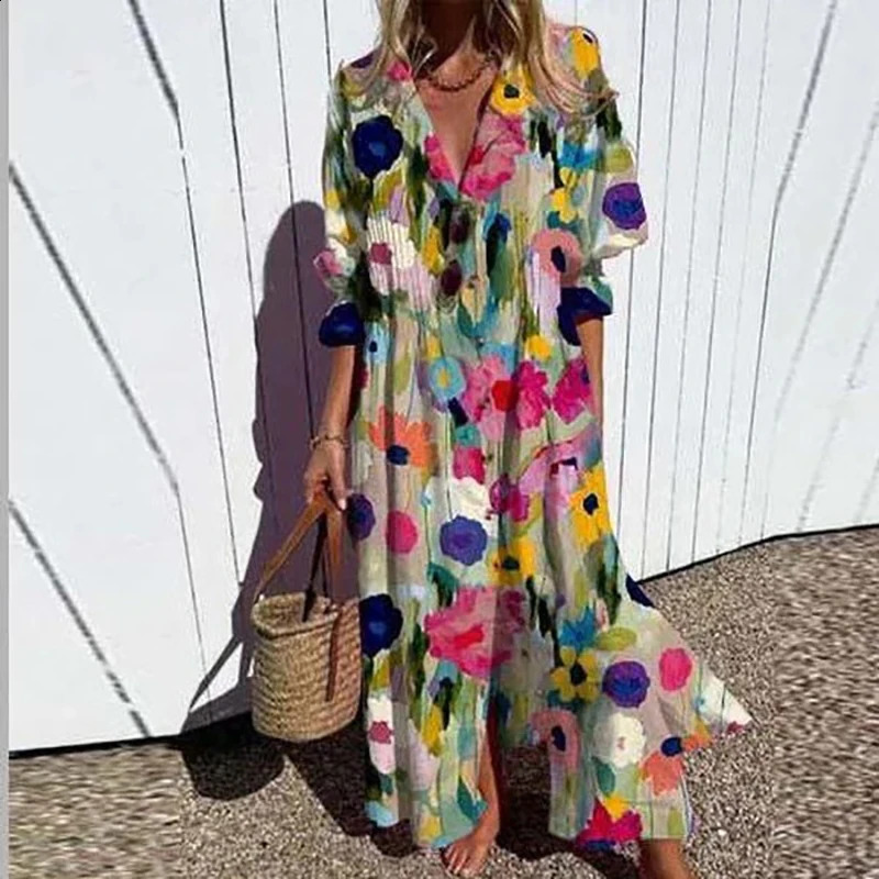 Women Retro Geometry Circle Print Long Dress Spring Single Breasted Lapel Shirt Dress Summer Puff Short Sleeve A-Line Boho Dress 240723