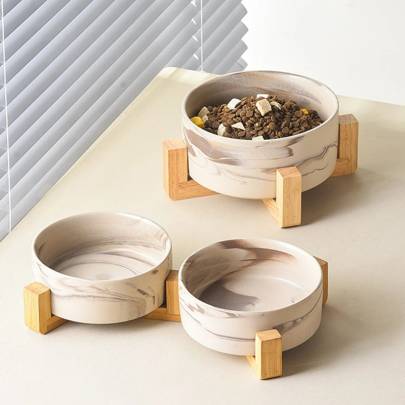 Marbling Ceramic Cat and Dog Bowl Medium Large Dog Feeding and Feeding Double Bowl with Wooden Rack Pet Puppy Accessories 240722
