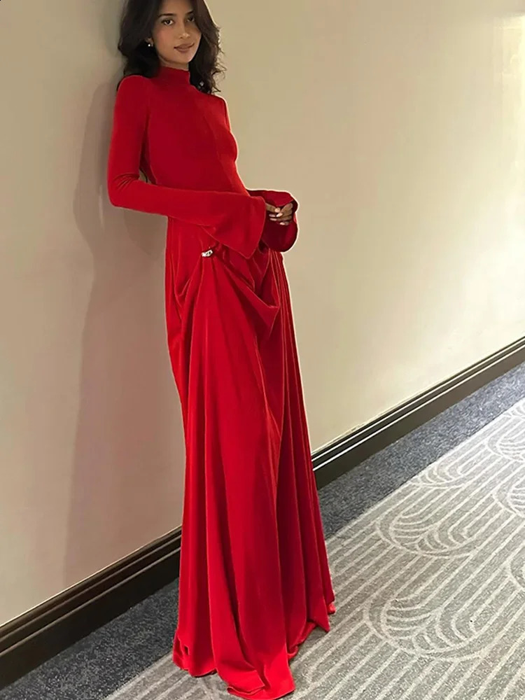 Irregular Pleated Solid Slim Maxi Dress Women Elegant Half High Collar Long Sleeved long Dresses Female Party Evening Robes 240722