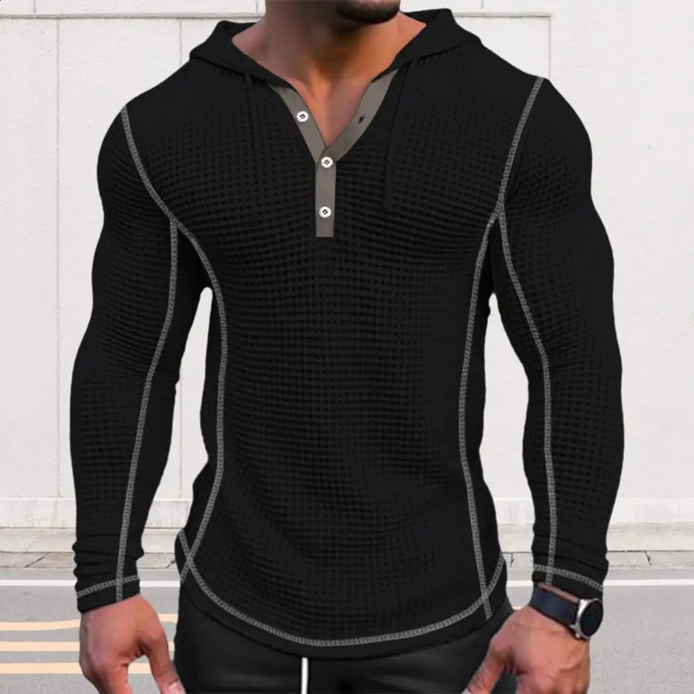 Breathable Waffle Fabric Sportswear Fashionable Mens Cotton Hoodie Slim fit Button Closed Long Fashion w240822