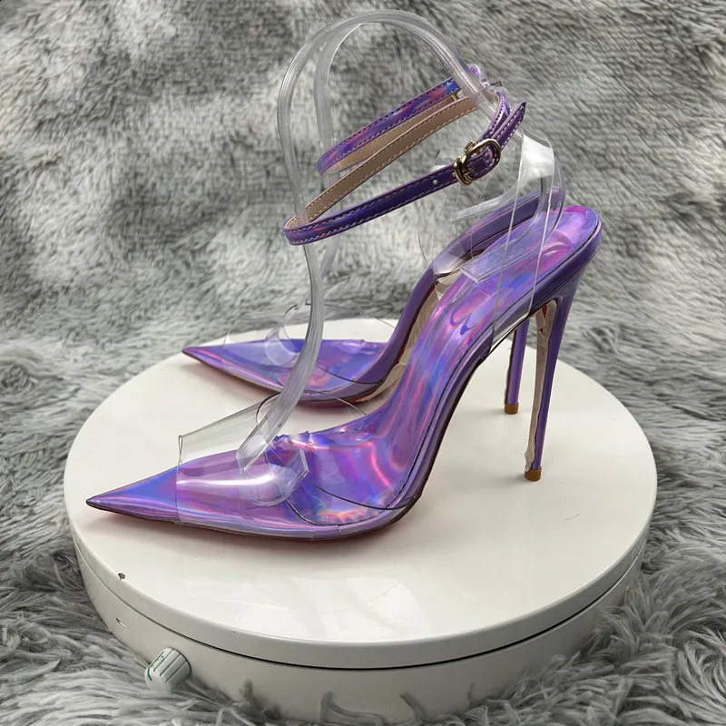 Laser Purple Women Sexy Summer Sandals PVC Pointed Toe Shoes est Slingback Shoes Thin Heels Party Ankle Buckle Ladies 240708