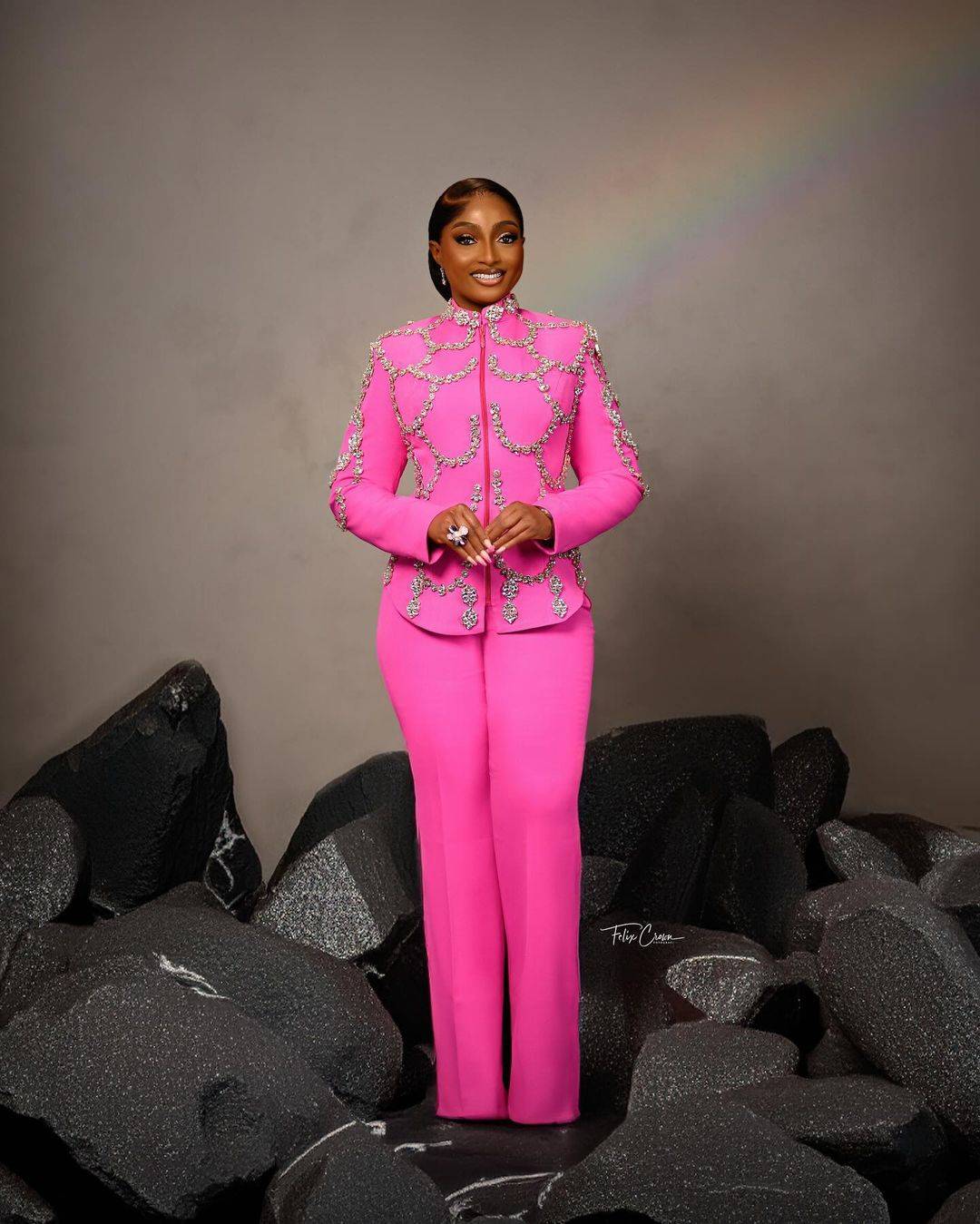 Hot Pink Women Pants Suits Beading Crystal Jacket Evening Party Wear For Wedding 2 Pieces