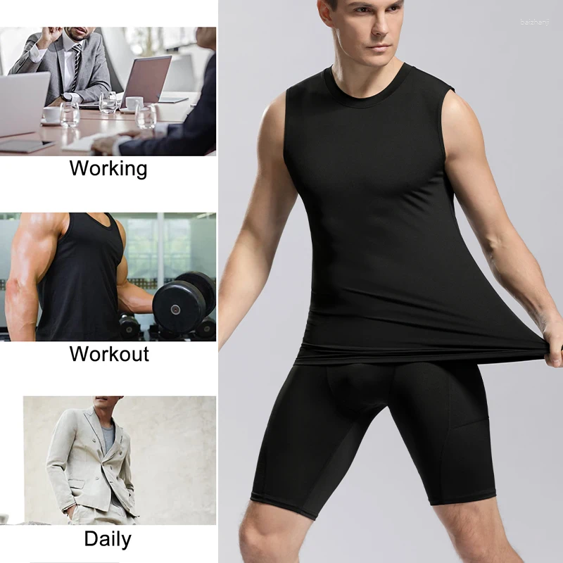Men's Body Shapers Compression Shirts Men Sleeveless Tank Top Slimming Undershirt Shaper Workout Gym Vest Base Layer Athletic Tee Black
