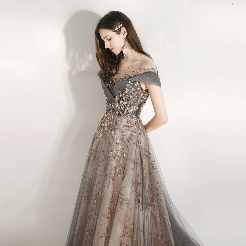 Banquet Elegant Evening Dresses Petals and Leaf Patterns Sequin Round Neck Slim Long Dress Off The Shoulder Prom Robe