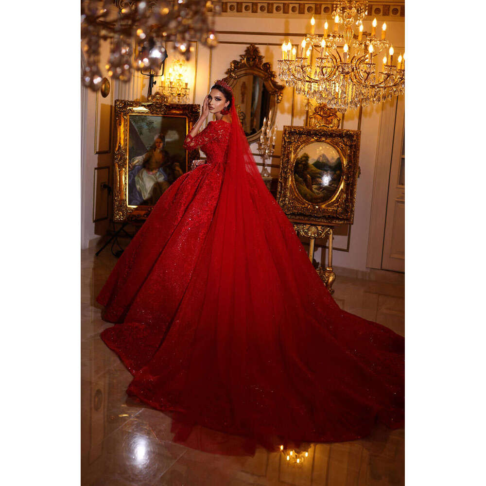 Red Arabic Lace Wedding Dress Long Sleeves Sparkly Sequin Women Marriage Dubai Bridal Gown Vestido De Novia Custom