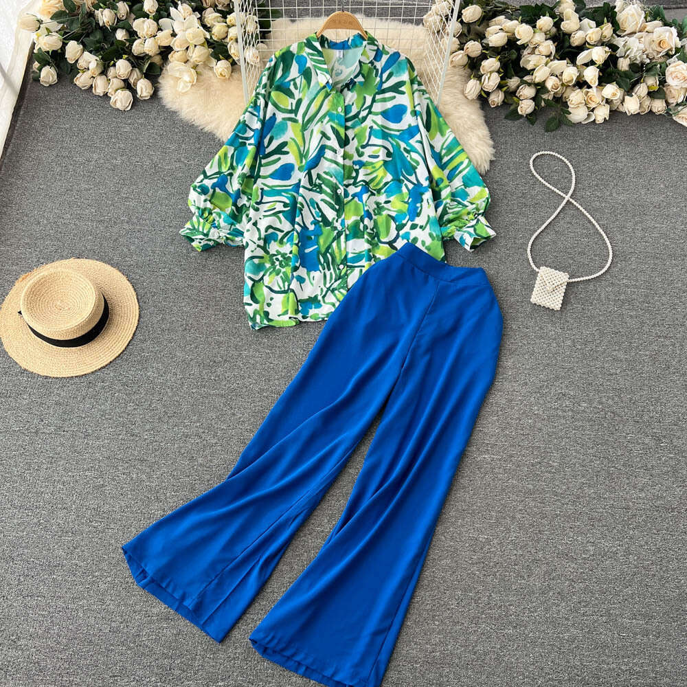 Instagram Style Printed Shirt Wide Leg Pants Two-piece for Autumn New High-end Commuting Professional Set Bifurcated Loose Pregnant Womens Dress SKINN