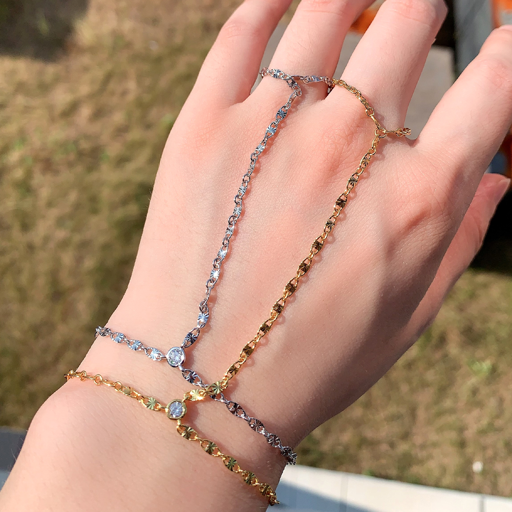 Micro Pave AAA CZ k Chain Bracelet w/ Ring Chains Wristlet - Hand Jewelry