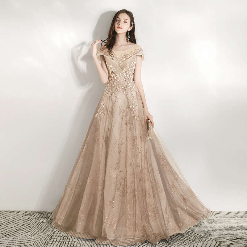 Banquet Elegant Evening Dresses Petals and Leaf Patterns Sequin Round Neck Slim Long Dress Off The Shoulder Prom Robe