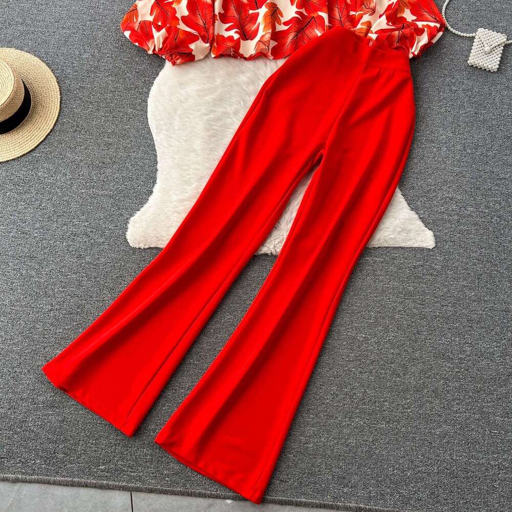 Feng Yujie Fashion Set Womens Spring/summer Lantern Sleeves Loose Shirt+draping Slim Fit Long Pants Novelty Bifurcated Temperament Self-cultivation La