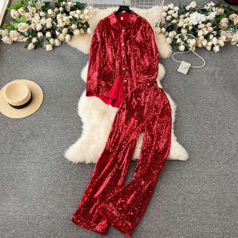 Fashionable Glittering Sequins Set with A Luxurious and Loose Long Sleeved Shirt+high Waisted Wide Straight Leg Pants Loose Sexy Novelty Silk Dress