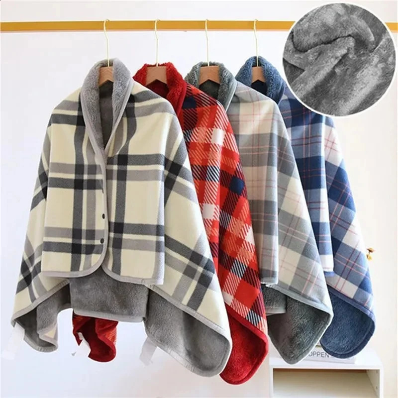 Thick plain weave blanket warm winter wearable adult office travel soft wool home shawl with button 240723