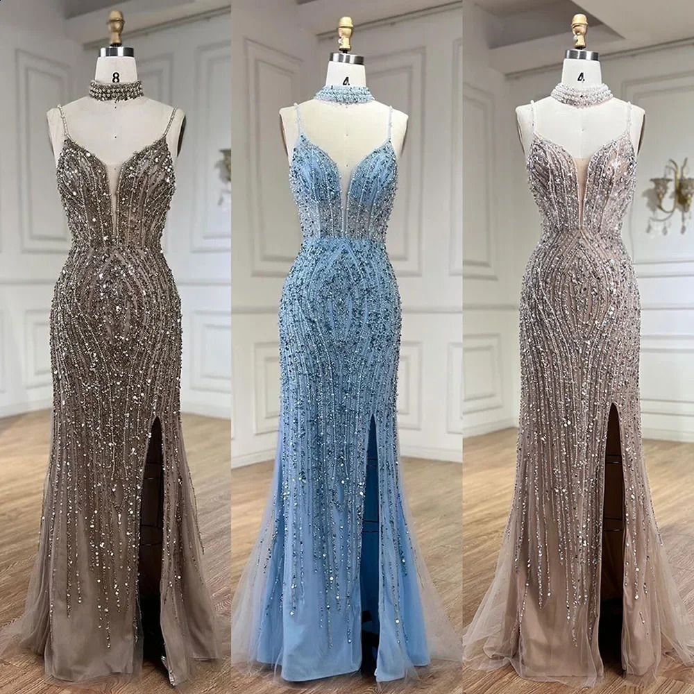 Serene Hill Silver Nude Mermaid Spaghetti with split Strap Beaded Evening Dresses Prom Gowns For Woman Party 2024 LA72047B 240709
