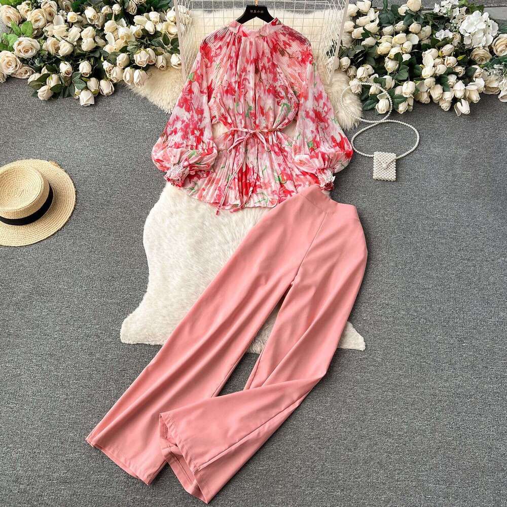 Temperament Light Mature Style Two-piece Set for Women with Waist Cinched Floral Pleated Shirt+high Waisted Wide Straight Leg Suit Pants Loose BOHO DR
