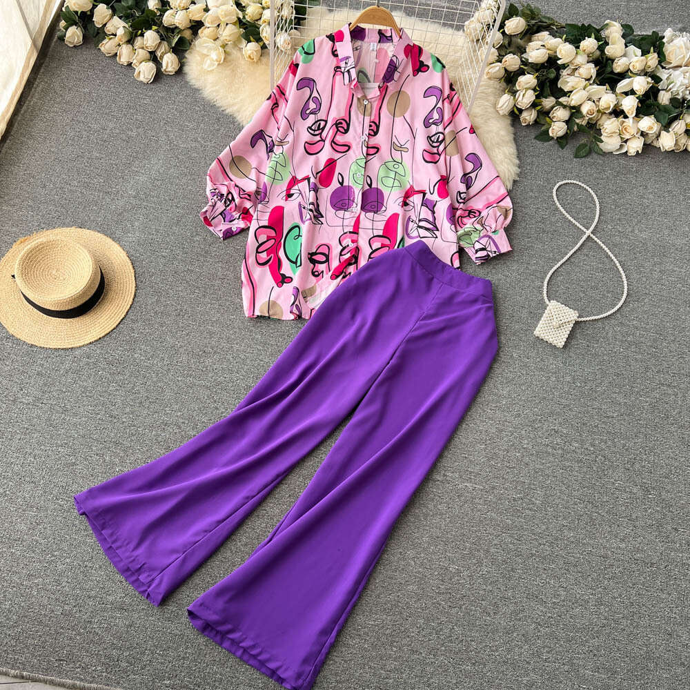 Instagram Style Printed Shirt Wide Leg Pants Two-piece for Autumn New High-end Commuting Professional Set Bifurcated Loose Pregnant Womens Dress SKINN