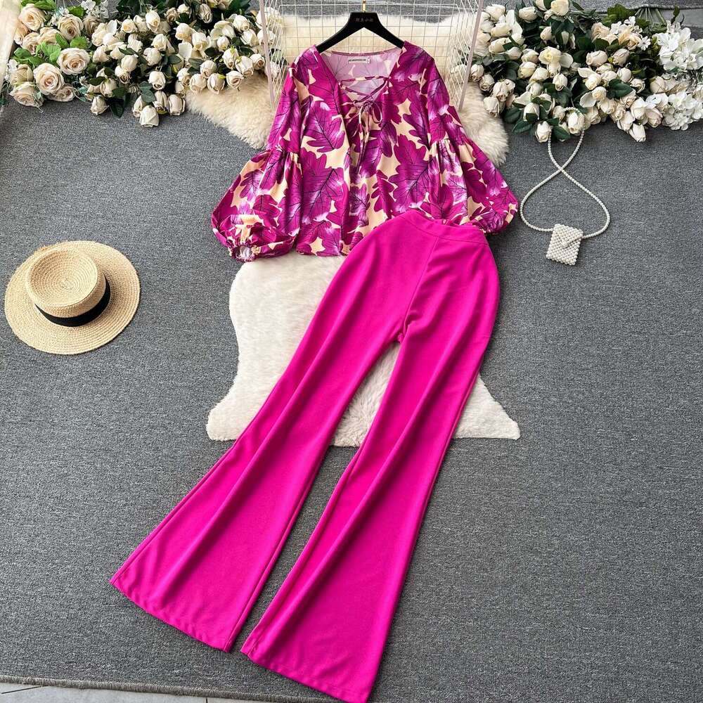 Feng Yujie Fashion Set Womens Spring/summer Lantern Sleeves Loose Shirt+draping Slim Fit Long Pants Novelty Bifurcated Temperament Self-cultivation La