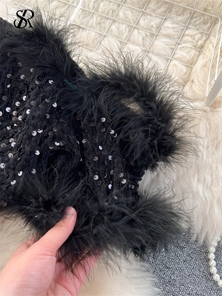 SINGREINY Autumn Elegant Sexy Black Jumpsuits Europen Fashion Off the Shoulder Feather Patchwork Sequins Slim Long Playsuit 240715