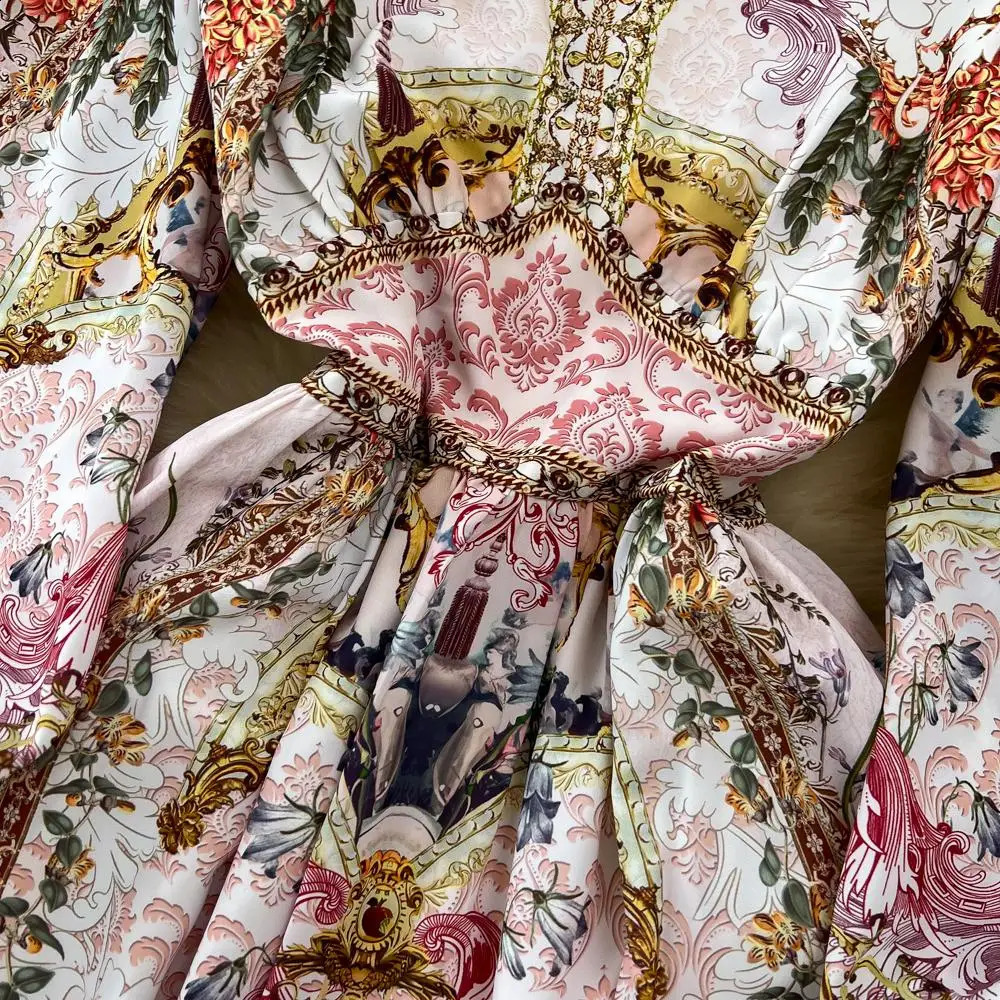Spring Fashion Runway Gorgeous Flower Chiffon Maxi Dress Women Deep V Neck Long Sleeve Floral Print Boho Robe Vestidos 6549 240808