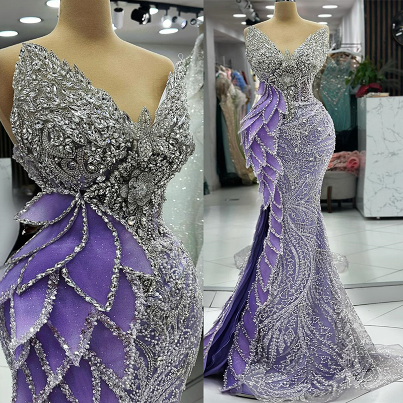 2024 Aso Ebi Purple Prom Dress Mermaid Promdress Evening Dresses Elegant Side Split Flora Bead Lace Rhinestones Decorated Birthday Dress Engagement Gowns AM1391