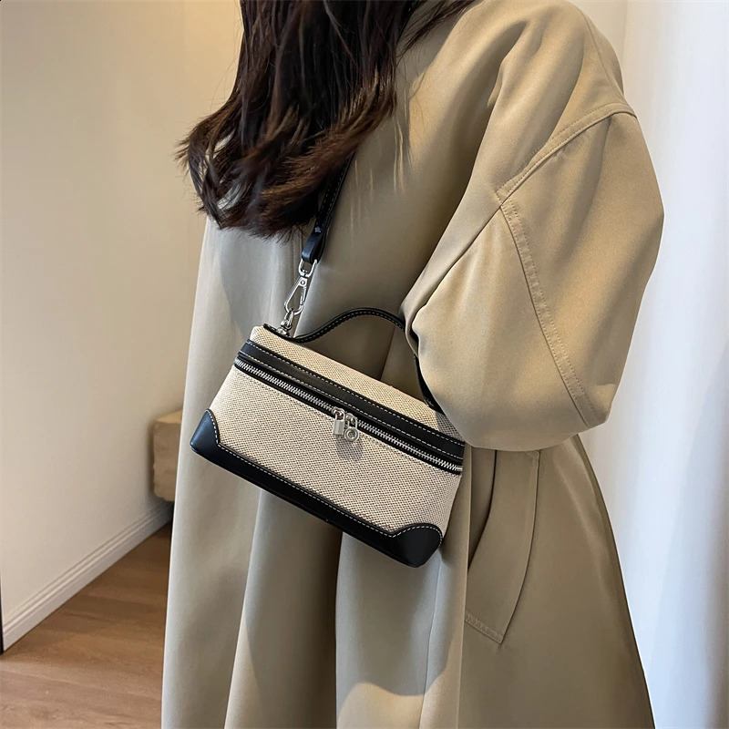 Portable bucket box handbag canvas patch work fashion cross body bag for women commuting mobile phone storage shoulder version simple 240723ZYl