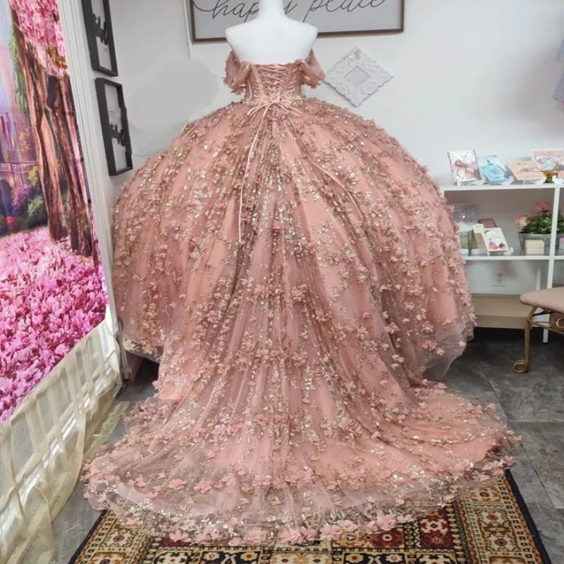 Pink Shiny Off Shoulder Quinceanera Dresses for Teens Vestidos De 15 Anos Quinceaneras Ball Gown Tulle 3D Appliques Beads Sweet 16
