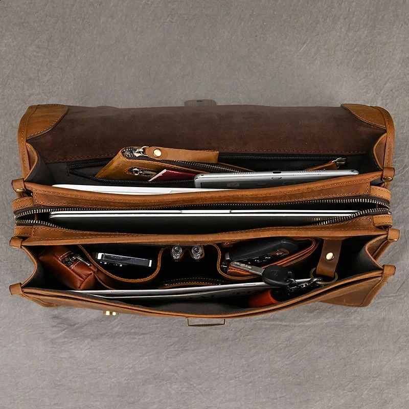 Men Genuine Leather Briefcase With Dial Lock 14 inch Business Cowhide Laptop Handbag Mens Work Tote Big Shoulder Bag 240723