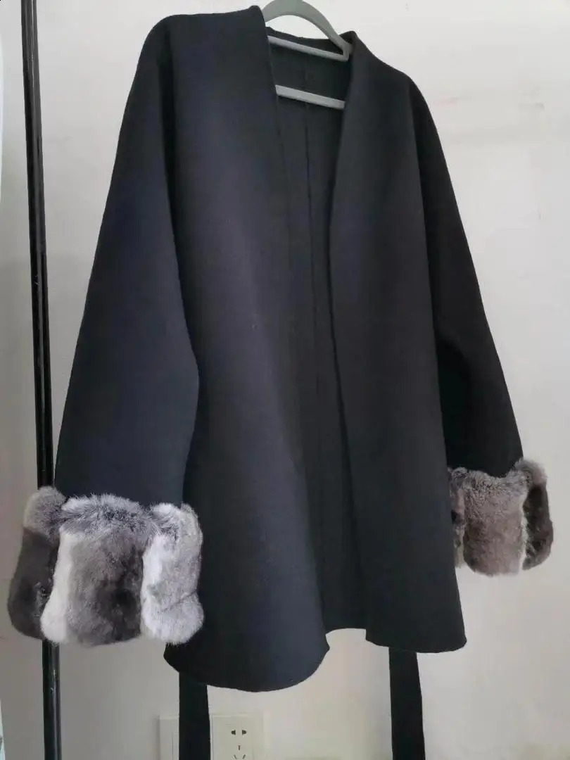 Arlenesain double face cashmere 105cm length women coat with big and wide chinchilla fur sleeves 240716