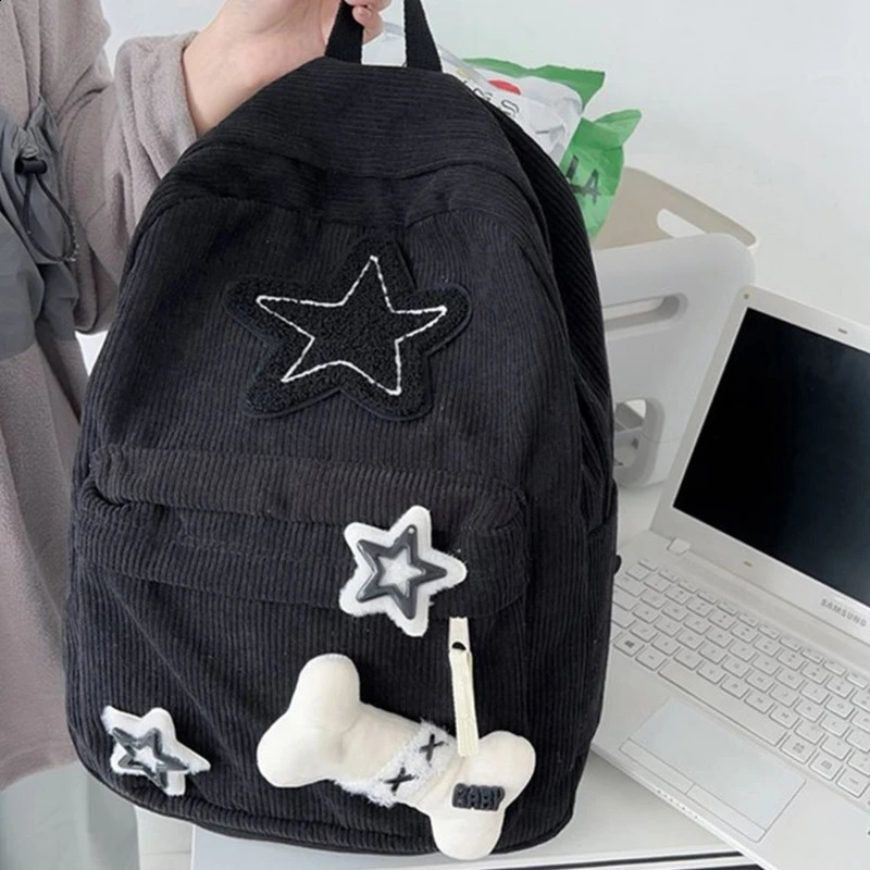Cute Y2K Aesthetic Backpack Stars Pattern Preppy Rucksack College Student Computer Backpack Corduroy Bookbag for 240921