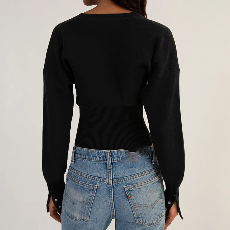 Women's T Shirts Women Ribbed Knit Cardigan T-shirt Long Sleeve O-neck Slim Fit Button Crop Top 2024 Fashion Female Clothes Trendy