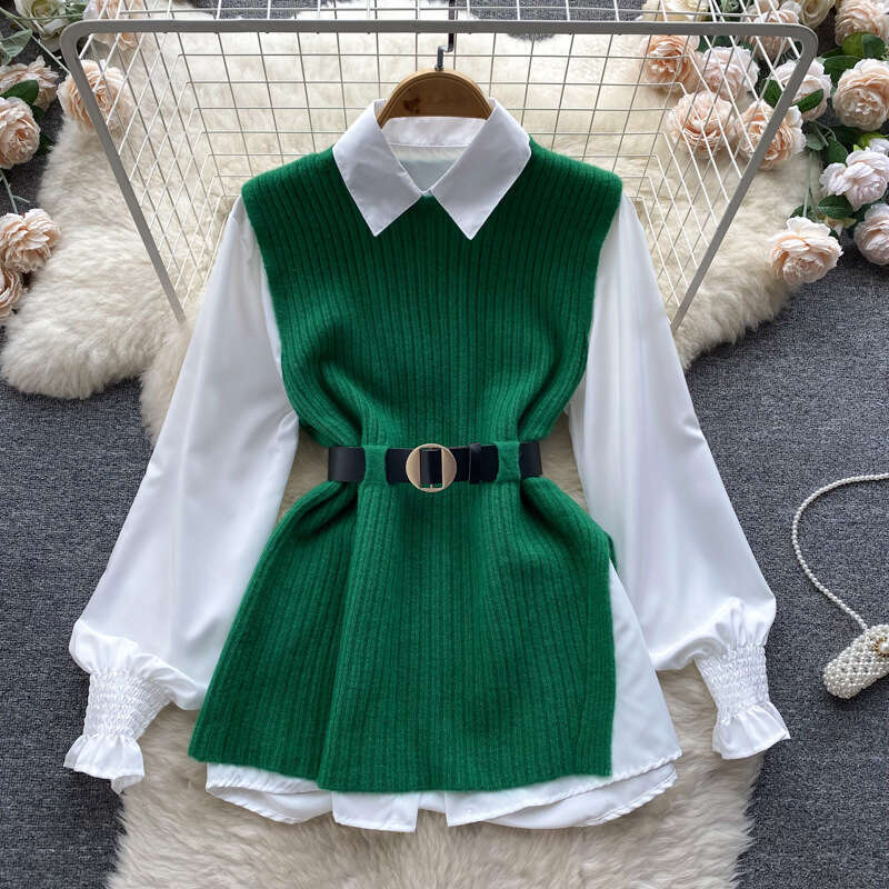 Light Luxury Celebrity Womens Loose Long Sleeve White Shirt Top+split Knitted Tank Top Vest Two Piece Set 0.4kg Sexy Dress Short Temperament Sexy Deni