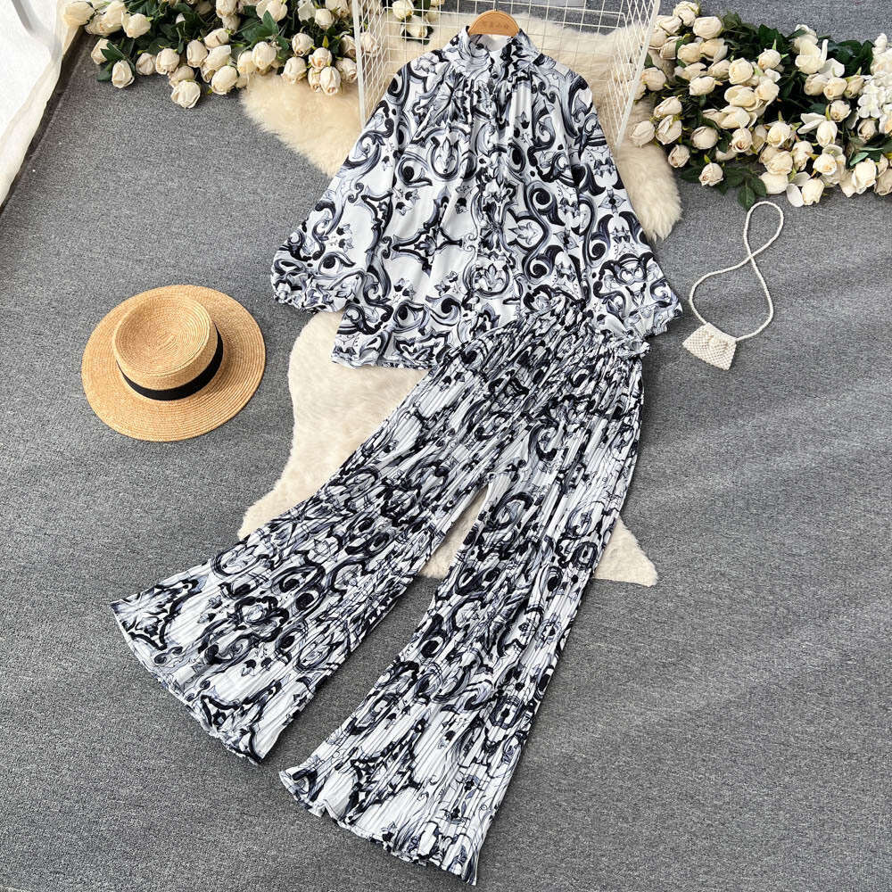 Spring and Autumn Style Printed Womens Lantern Sleeve Half High Collar Loose Shirt+wide Leg Pleated Pants Two-piece Set Bifurcated Pregnant Womens Dre