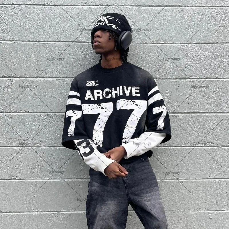 American Street Fashion Round Neck Pullover Y2k Harajuku Retro Couple Tops Letter Number Printed Oversized Long-sleeved T-shirt 240715