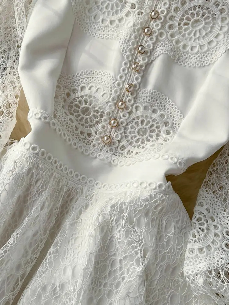 Vintage Flower Embroidery Hollow Out Lace Dress Womens Stand Collar Long Lantern Sleeve Pearls Buttons Casual Party Vestidos 240717