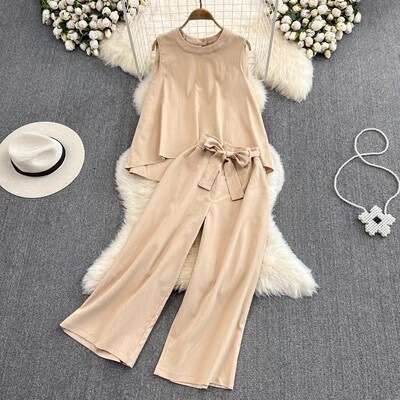 Fashionable Light and Mature Style, Temperament, Round Neck, Loose Sleeveless Top, Two-piece Set, High Waisted, Lace Up, Straight Leg, Wide Leg Lace D