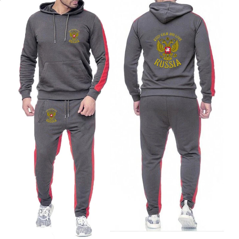 Men Printing Russia Badge Autumn and Winter Solid Color Hoodie Pants Twopiece Fashion Casual Sports Set 240722